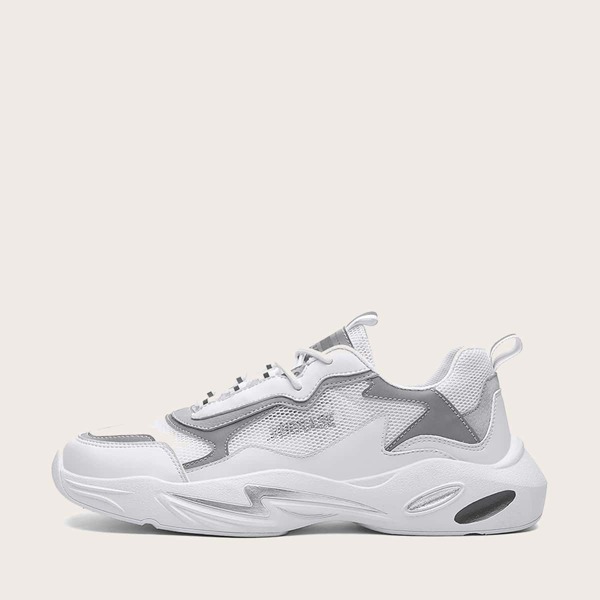 

Men Lace-up Front Mesh Panel Low Top Sneakers, White