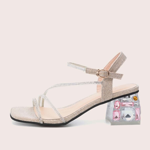 

Rhinestone Detail Clear Chunky Heeled Sandals, Gold