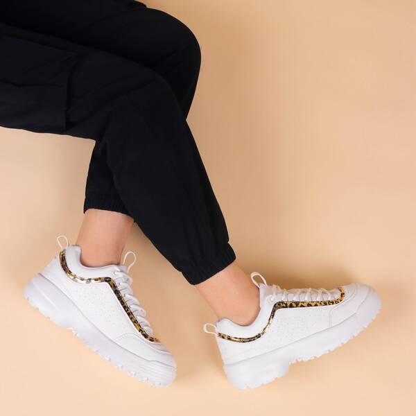 

Leopard Panel Lace-up Front Chunky Sneakers, White