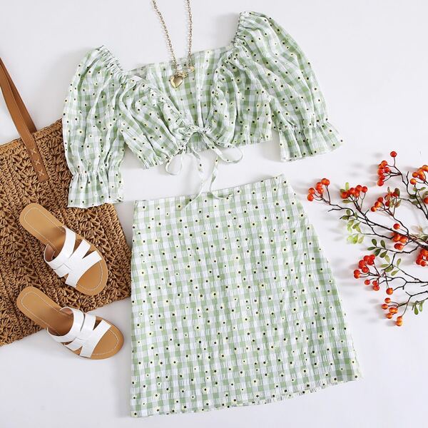 

Tie Front Ditsy Floral Embroidery Gingham Top & Skirt Set, Mint green