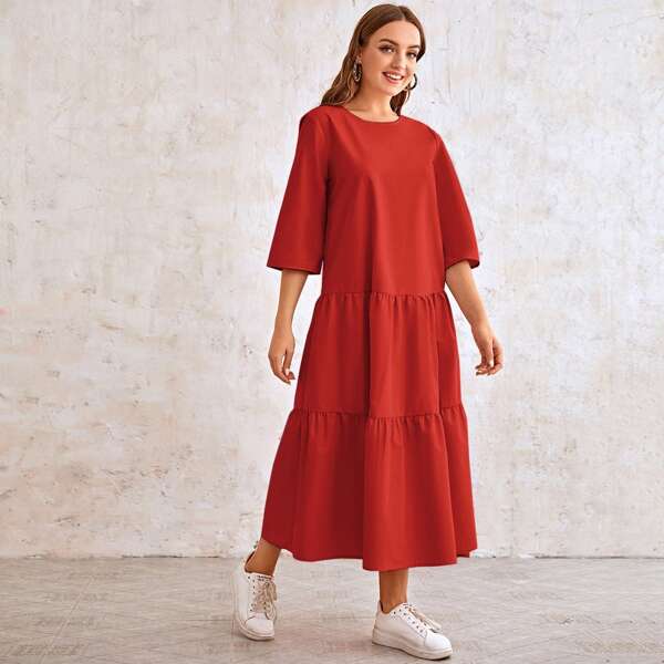 

Solid Flounce Hem Dress, Red bright