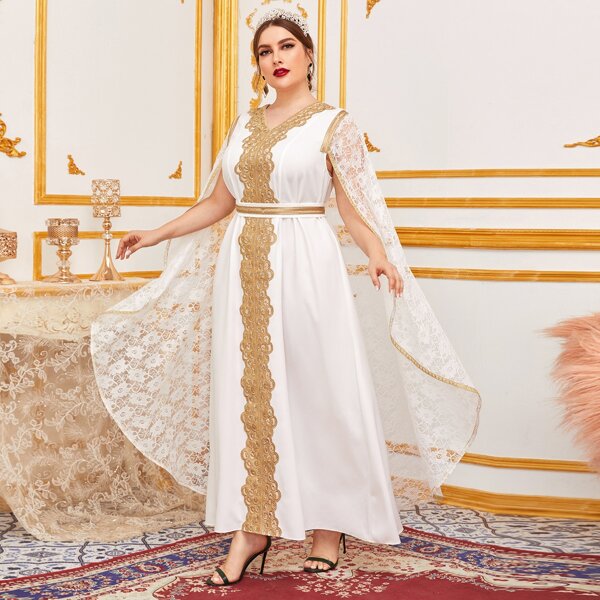 

Plus Patch Panel Belted Lace Cape Dress, White