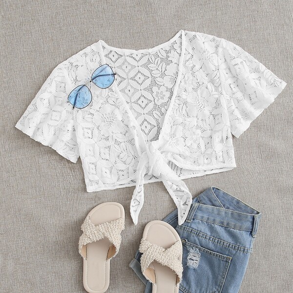 

Tie Front Lace Crop Top Without Bra, White