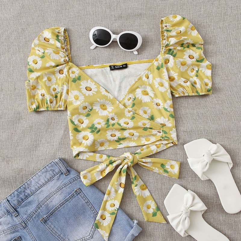 

Daisy Floral Wrap Tie Side Crop Top, Yellow