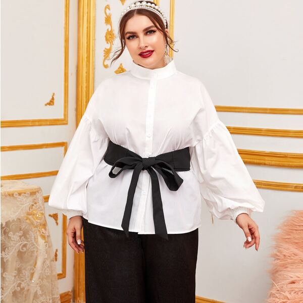 

Plus Mock-Neck Lantern Sleeve Blouse Without Belt, White