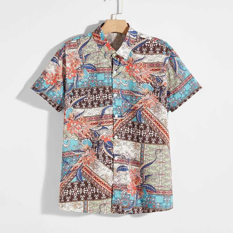 

Guys Floral & Tribal Print Button Up Shirt, Multicolor