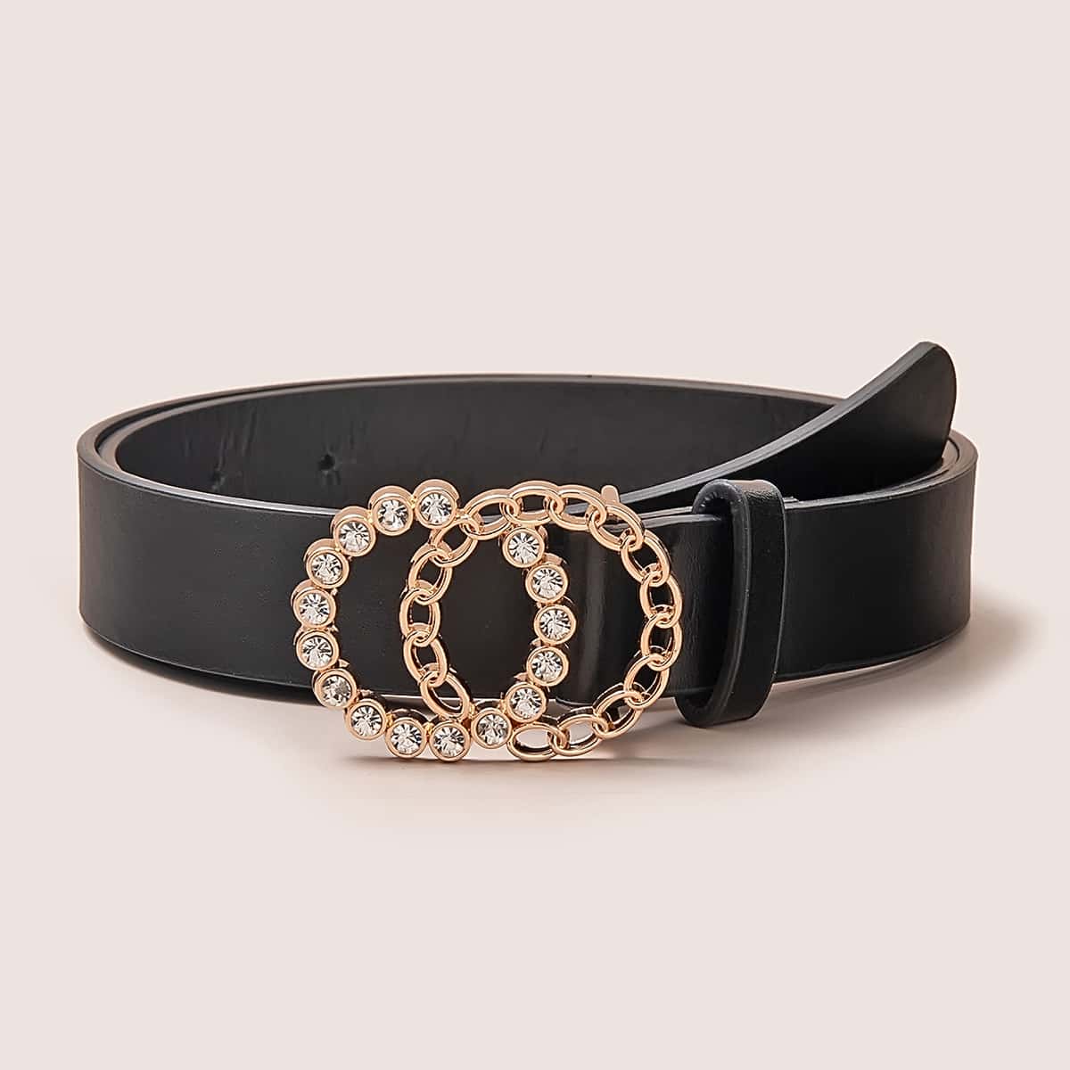 

Rhinestone Decor Double O-ring Buckle Belt, Black