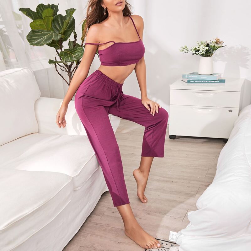 

Solid Knot Front Cami PJ Set, Red violet