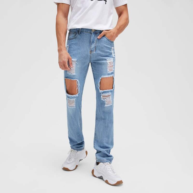

Guys Button Fly Ripped Jeans, Light wash