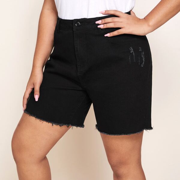 

Plus Raw Hem Denim Bermuda Shorts, Black