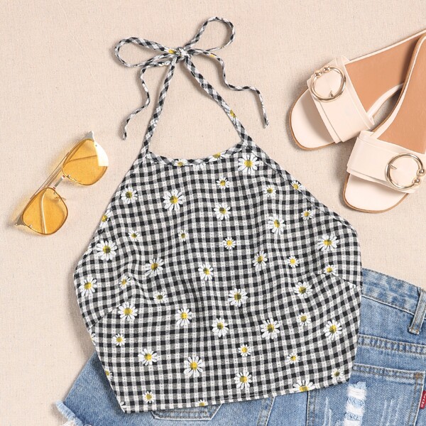 

Daisy And Gingham Tie Back Halter Top, Black and white