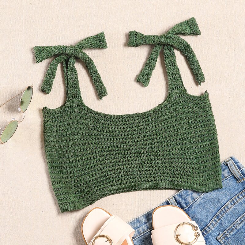 

Tie Shoulder Pointelle Knit Top, Dark green