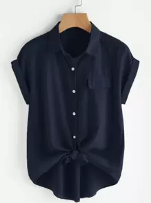 SHEIN LUNE Hơn Áo sơ mi Nút viền Nút Lên - Màu xanh hải quân - Xem 1