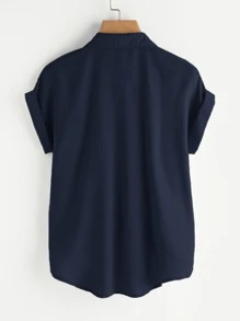 SHEIN LUNE Hơn Áo sơ mi Nút viền Nút Lên - Màu xanh hải quân - Xem 2