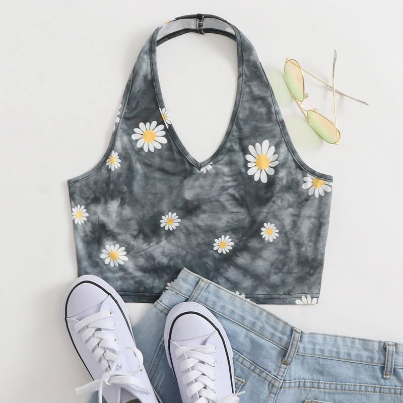 

Daisy Floral Tie Dye Halter Top, Grey