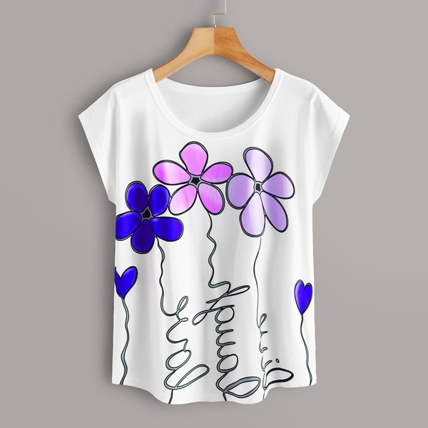 

Plus Floral Print Round Neck Tee, White