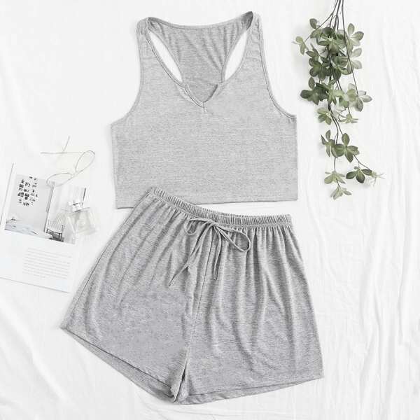 

Plus Notched Tank Top & Shorts PJ Set, Light grey