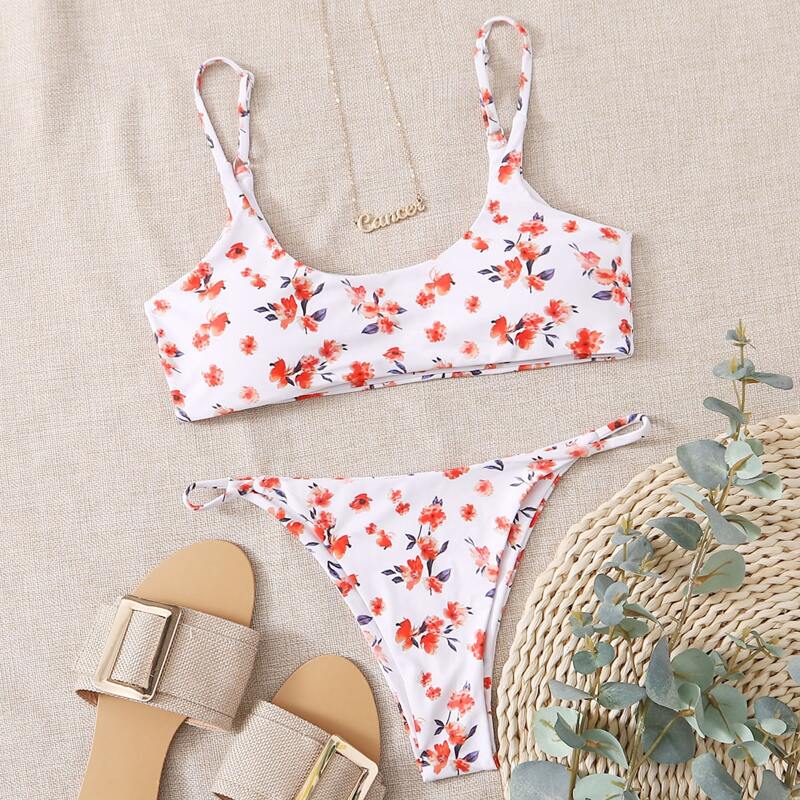 

Floral Tanga Bikini Swimsuit, White