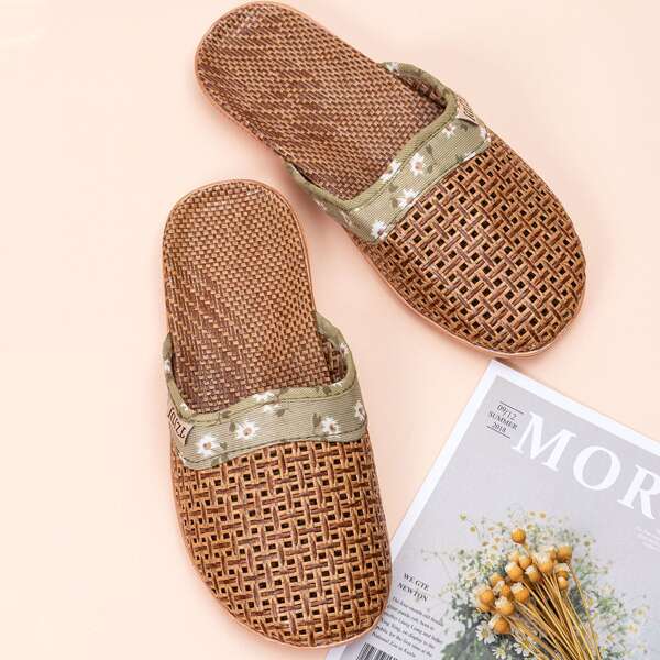 

Flower Print Woven Slippers, Brown