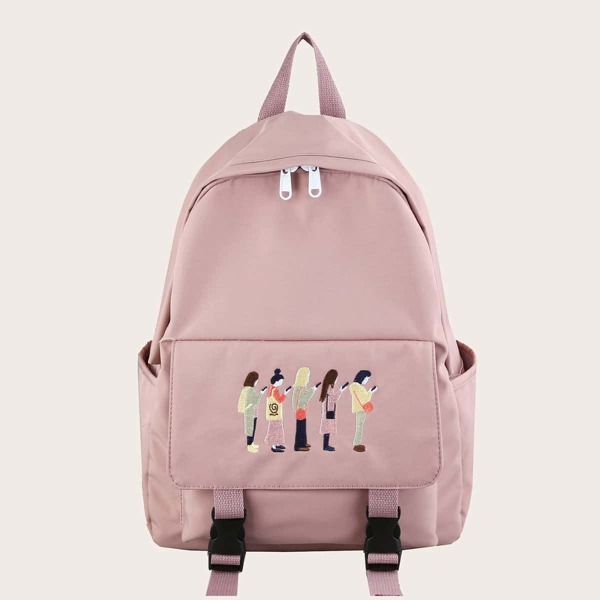 

Figure Graphic Embroidery Flap Backpack, Pink