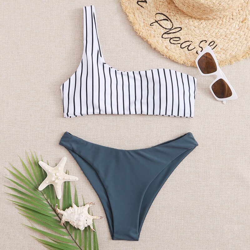 

Striped One Shoulder Bikini Swimsuit, Multicolor