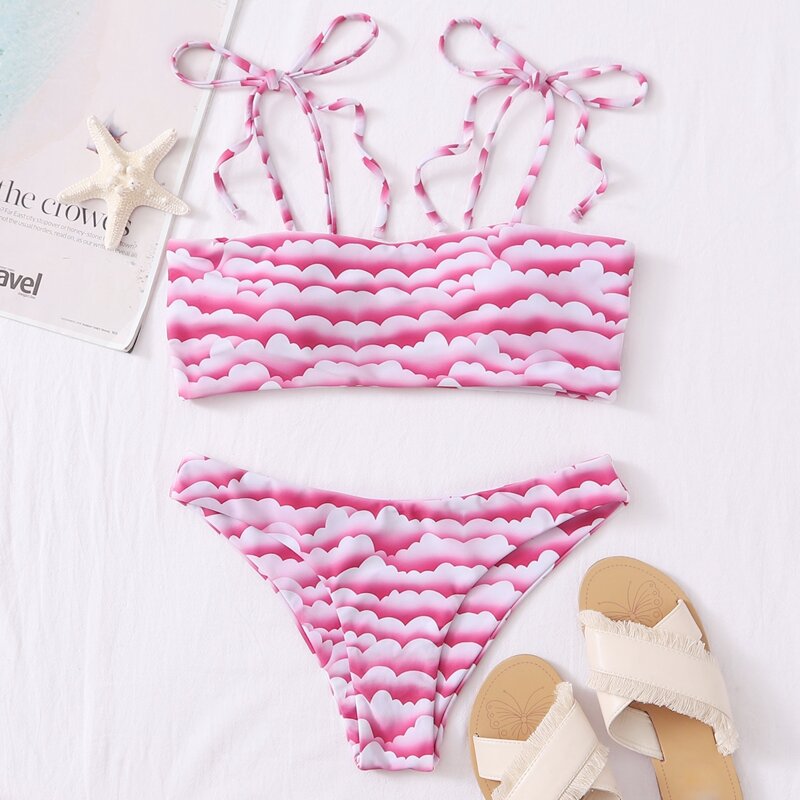 

Cloud Tie Shoulder Bikini Swimsuit, Multicolor