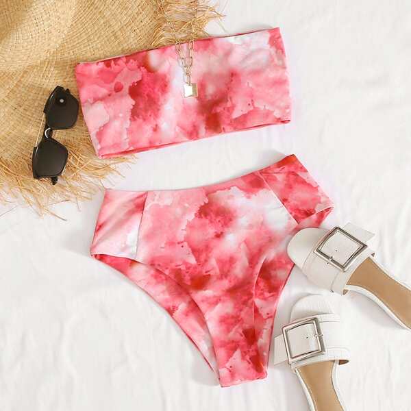 

Watercolor Bandeau High Waisted Bikini Swimsuit, Watermelon pink