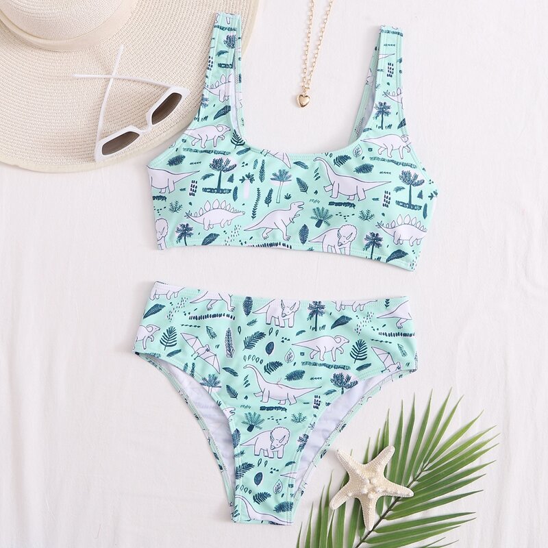

Dinosaur & Plants High Waisted Bikini Swimsuit, Multicolor