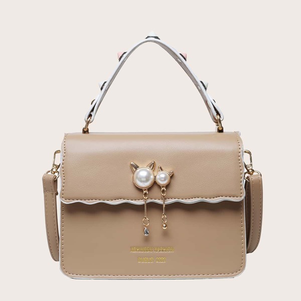 

Faux Pearl Decor Flap Satchel Bag, Khaki