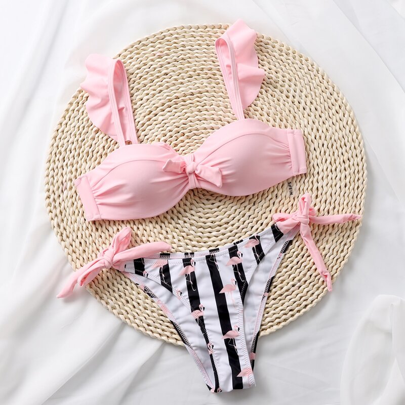 

Striped & Flamingo Print Tie Side Bikini Swimsuit, Multicolor