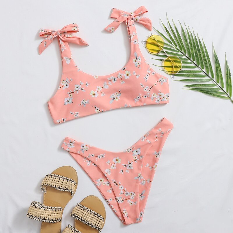 

Floral High Leg Bikini Swimsuit, Coral pink