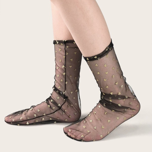 

Heart Pattern Mesh Socks, Black