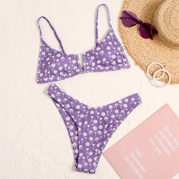 

Floral Rib V Wired High Cut Bikini Swimsuit, Violet purple