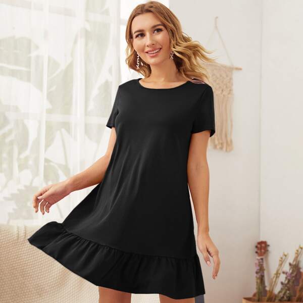 

Maternity Ruffle Hem Solid Dress, Black