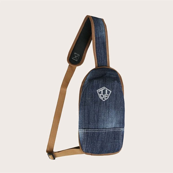 

Men Letter Graphic Denim Sling Bag, Blue