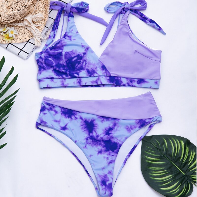 Tie Dye Tie Shoulder Bikini Swimsuit, Violet purple