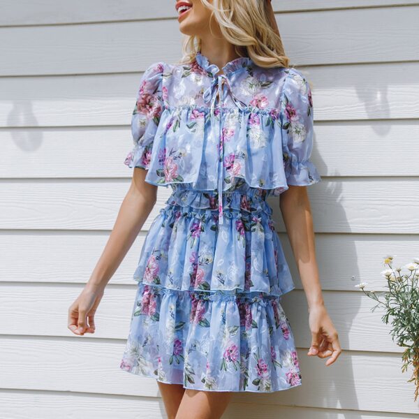 

Tie Neck Puff Sleeve Layered Ruffle Hem Floral Dress, Blue