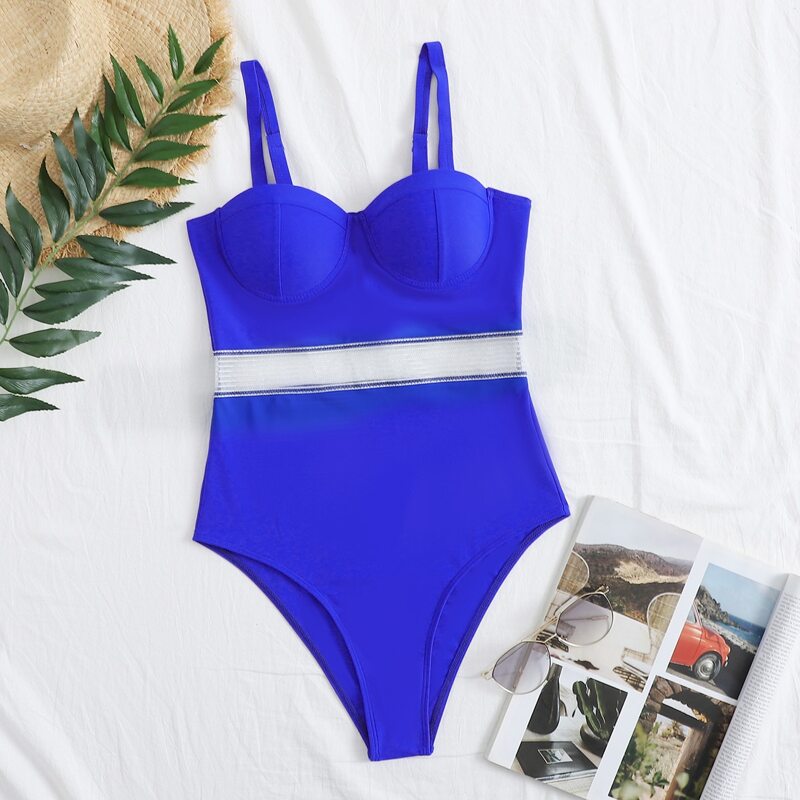 

Contrast Mesh Underwired One Piece Swimsuit, Royal blue bright