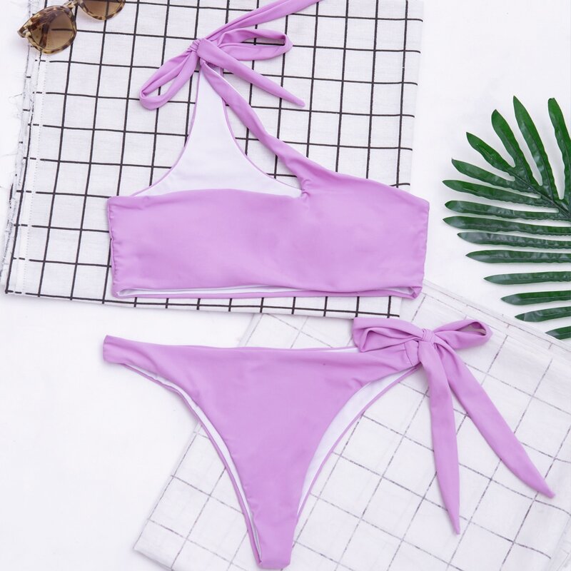 

Cut Out One Shoulder Tie Side Bikini Swimsuit, Lilac purple