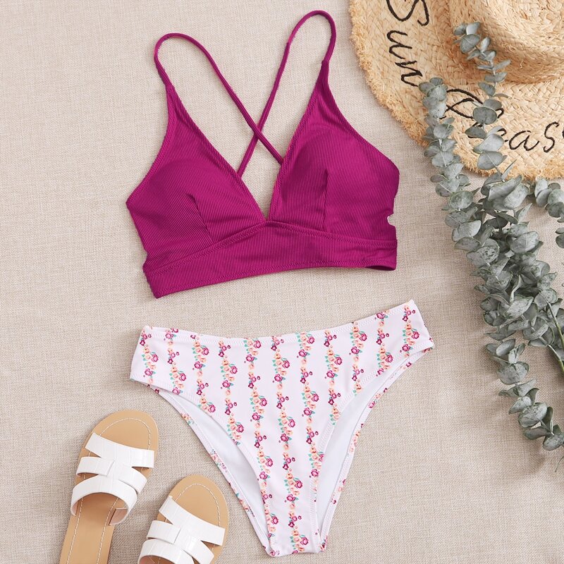 

Floral Ribbed Bikini Swimsuit, Multicolor