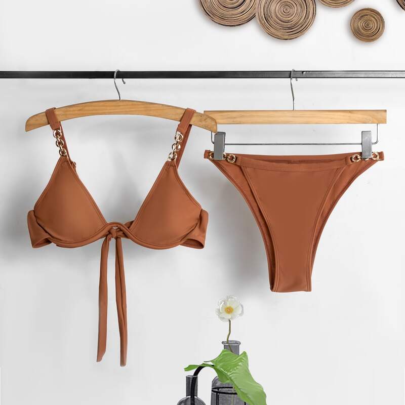 

Chain Linked Underwire Tie Back Bikini Swimsuit, Rust brown