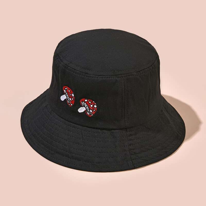 

Mushroom Embroidered Bucket Hat, Black