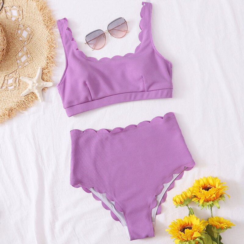 

Scallop Trim High Waisted Bikini Swimsuit, Lilac purple
