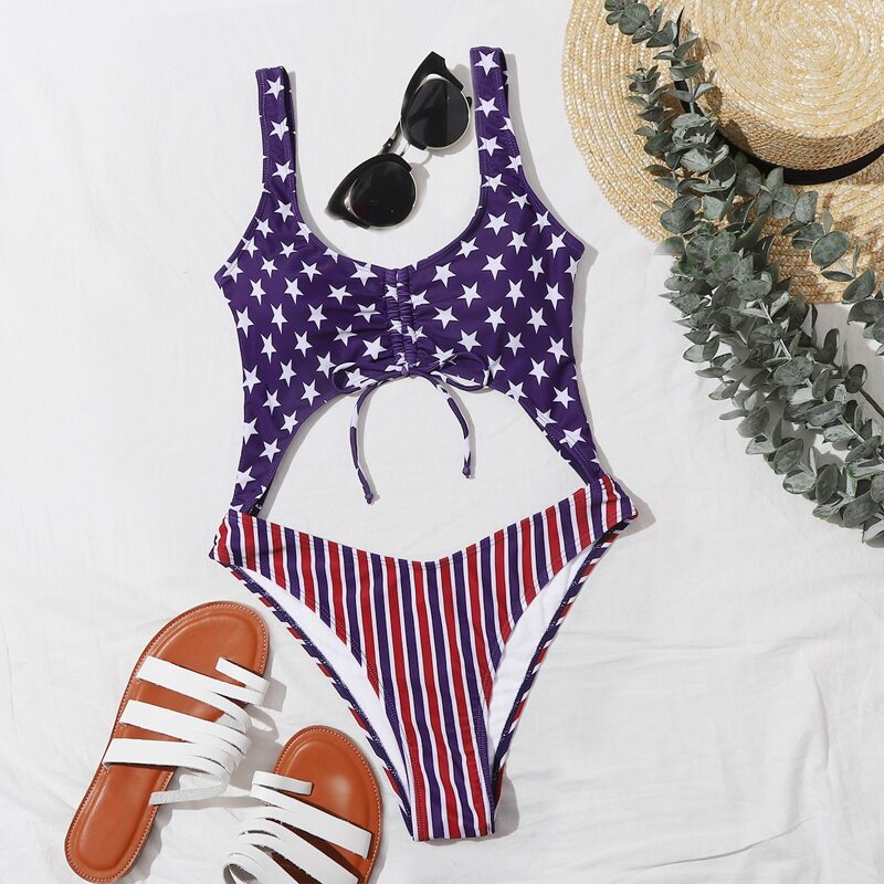 

Stars & Stripes Drawstring One Piece Swimsuit, Multicolor