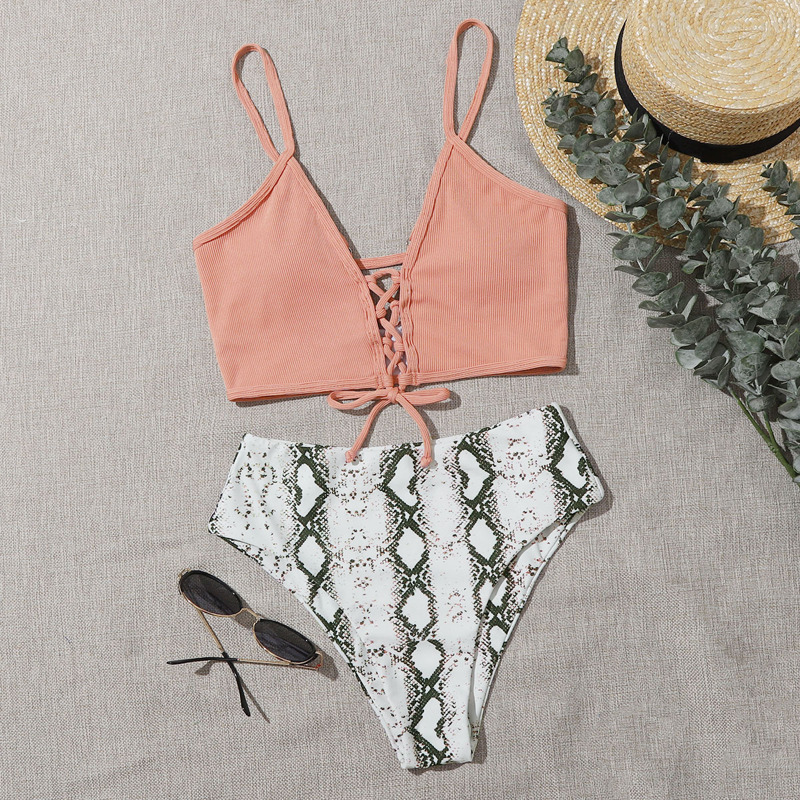

Snakeskin Lace-up Front Bikini Swimsuit, Multicolor