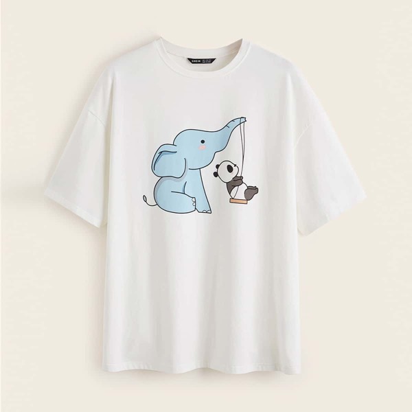 

Drop Shoulder Elephant and Panda Print Top, White