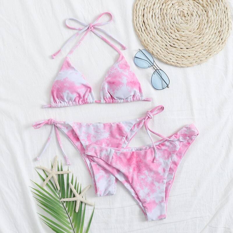 

3pack Tie Dye Triangle Tie Side Bikini Swimsuit, Pastel baby pink