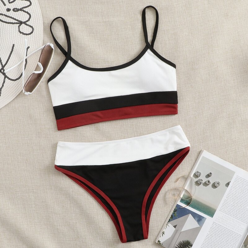 

Colorblock Ribbed Cami Bikini Swimsuit, Multicolor