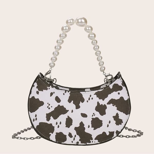 

Faux Pearl Decor Cow Pattern Baguette Bag, Black and white