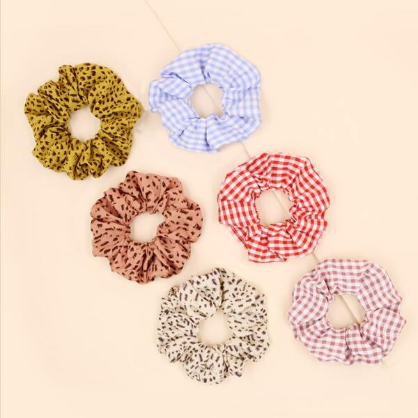 

6pcs Gingham Pattern Scrunchie, Multicolor
